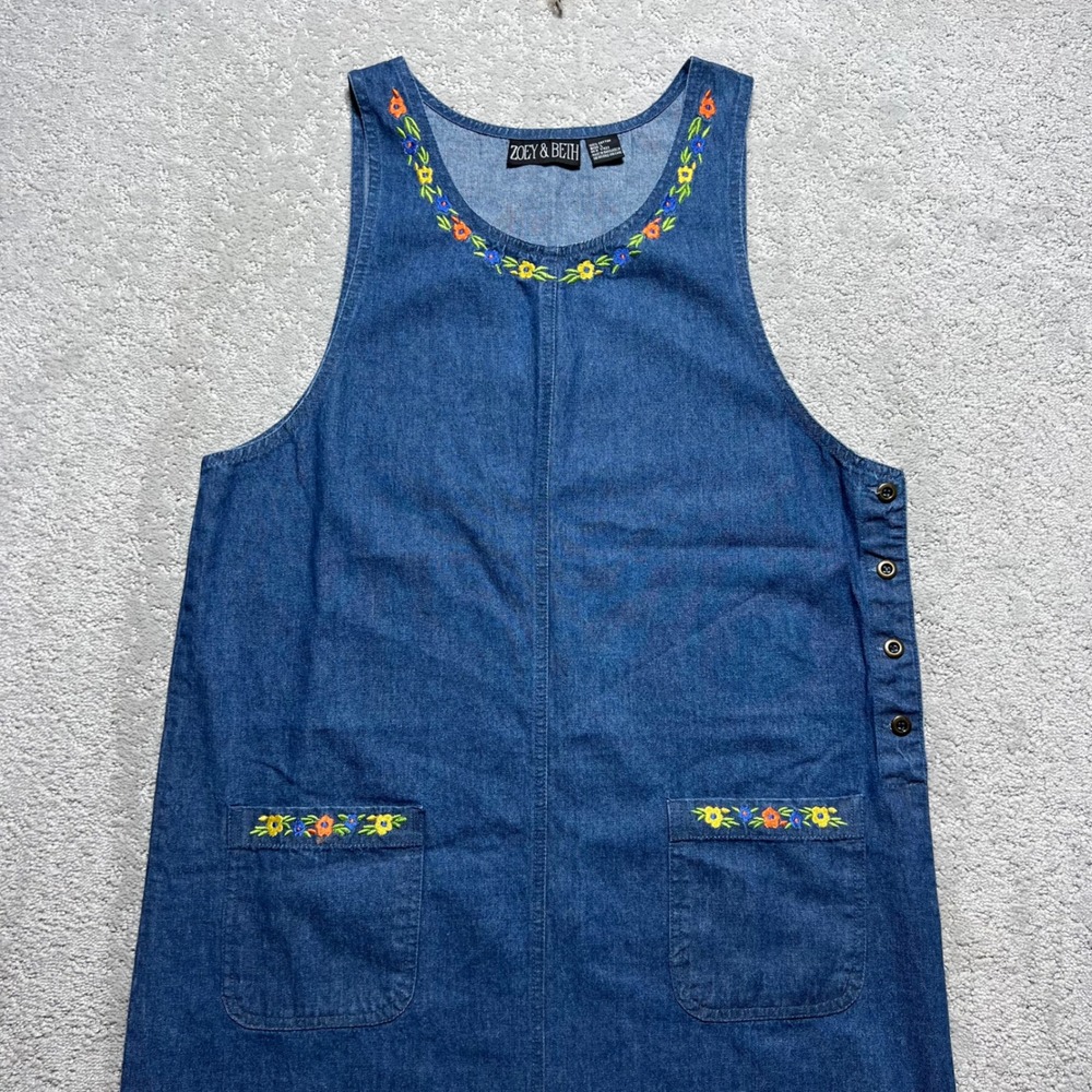 VINTAGE Zoey & Beth Dress Womens L Blue Denim Embroidered Floral Pinafore Jumper